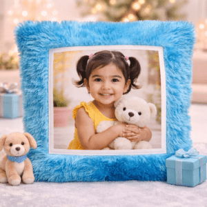 Customized Blue Square Photo Cushion in Plush Fabric
